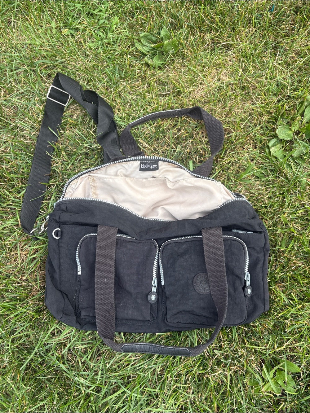 Kipling Black Canvas Crossbody & Tote Bag with Cream Lining
